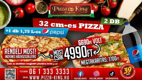 Pizza King 11 - 2 darab normál pizza 1,75l pepsivel - Szuper ajánlat - Online rendelés